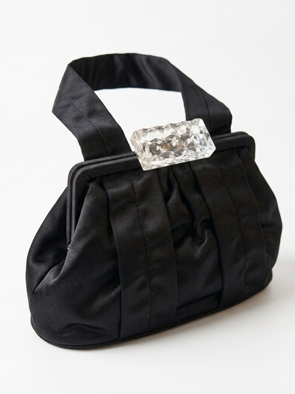 Vintage 1950s Bags by Josef Black Satin Pouch Evening Bag Chunky Lucite Clasp